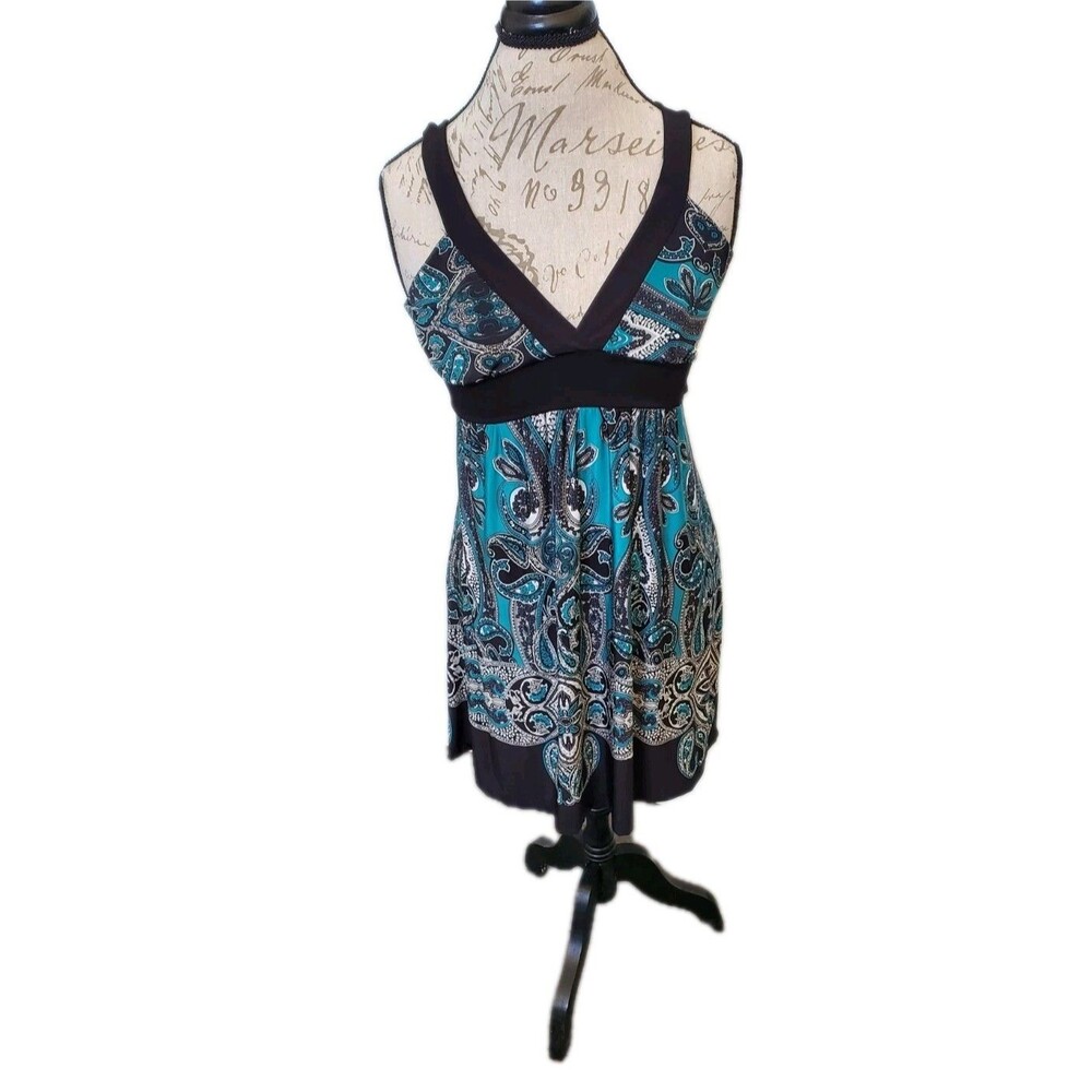 VINTAGE Y2K BODY CENTRAL Sm Blue Paisley Stretch Halter Mini Baby Doll Dress